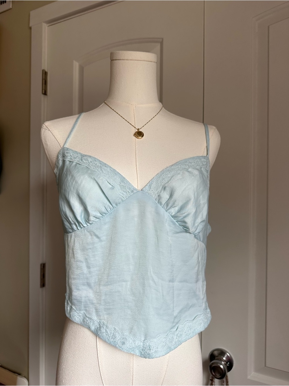 Light Blue Satin Lace Trim Slip Top - Picture 2 of 6